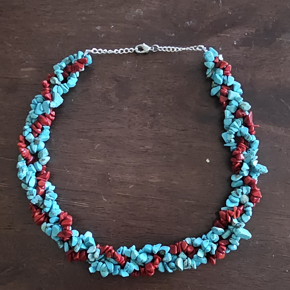 Turquoise & Coral Braided Necklace - Women Jewelry